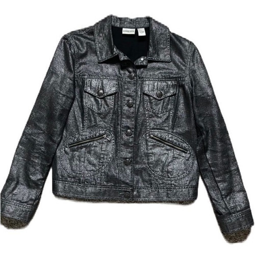 Chico's Womens Chic Denim-like button Jacket Black Silver Shimmer Sheen